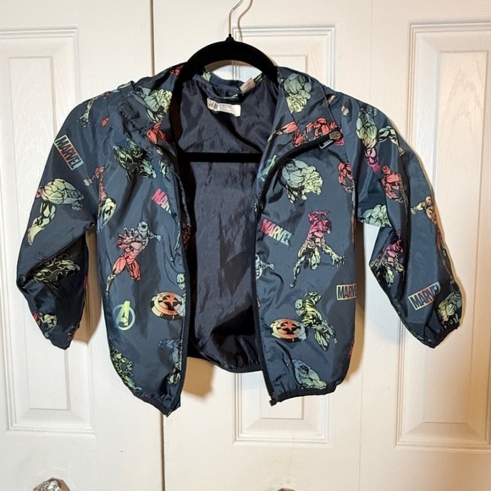H&M Marvel Toddler 3/4T Raincoat - Dark Gray with Colorful Superhero Design FC